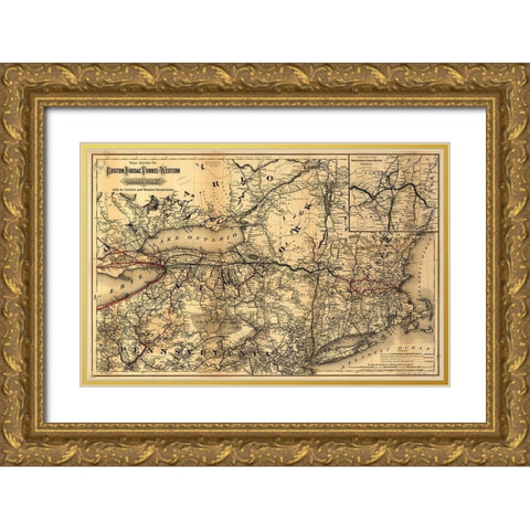 Boston Hoosac Tunnel and Western Railway 1881 Gold Ornate Wood Framed Art Print with Double Matting by Vintage Maps