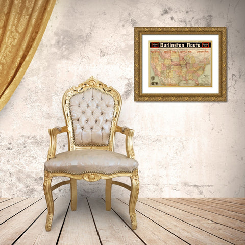 Burlington Route with Time Zones 1892 Gold Ornate Wood Framed Art Print with Double Matting by Vintage Maps