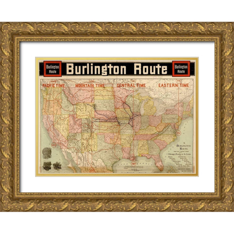 Burlington Route with Time Zones 1892 Gold Ornate Wood Framed Art Print with Double Matting by Vintage Maps