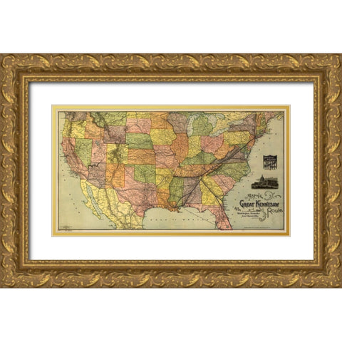 Great Kennesaw Route 1890 Gold Ornate Wood Framed Art Print with Double Matting by Vintage Maps
