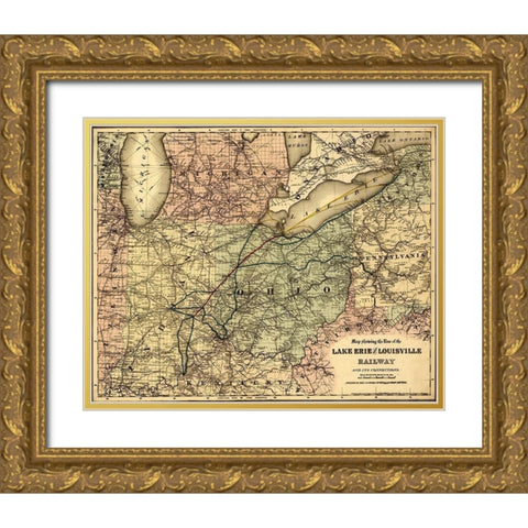 Lake Erie and Louisville Railway Gold Ornate Wood Framed Art Print with Double Matting by Vintage Maps