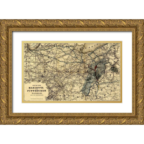 Marietta and Pittsburgh Railroad 1871 Gold Ornate Wood Framed Art Print with Double Matting by Vintage Maps