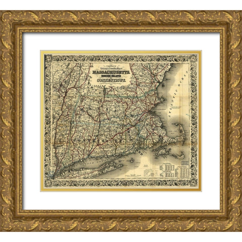 Massachusetts Rhode Island and Connecticut 1853 Gold Ornate Wood Framed Art Print with Double Matting by Vintage Maps