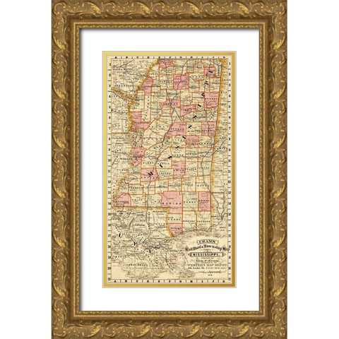 Mississippi State 1878 Gold Ornate Wood Framed Art Print with Double Matting by Vintage Maps
