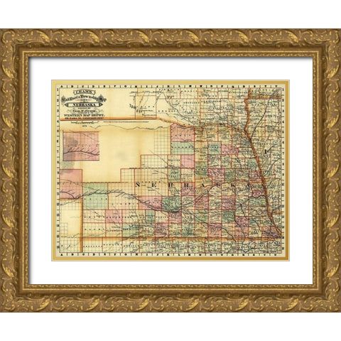 Nebraska 1878 Gold Ornate Wood Framed Art Print with Double Matting by Vintage Maps