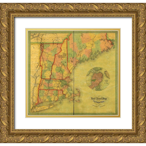 New England States 1854 Gold Ornate Wood Framed Art Print with Double Matting by Vintage Maps