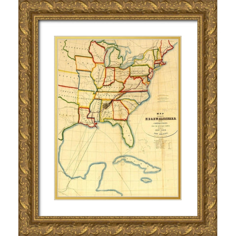 NE and SW Alabama Railroad 1850 Gold Ornate Wood Framed Art Print with Double Matting by Vintage Maps
