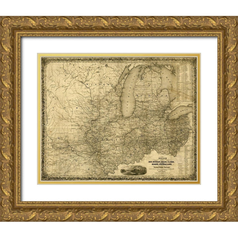 Ohio Michigan Indiana Illinois Missouri Wisconsin and Iowa 1840 Gold Ornate Wood Framed Art Print with Double Matting by Vintage Maps