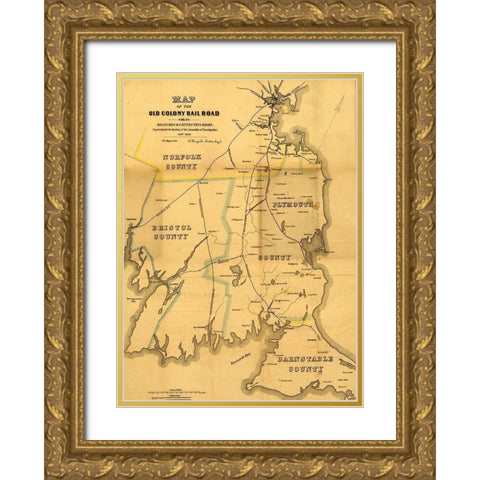Old Colony Rail Road 1850 Gold Ornate Wood Framed Art Print with Double Matting by Vintage Maps
