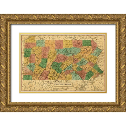 Pennsylvania 1829 Gold Ornate Wood Framed Art Print with Double Matting by Vintage Maps