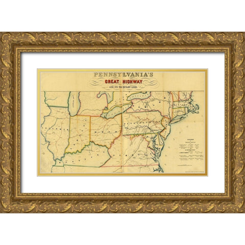 Pennsylvanias great highway and its tributary lines 1850 Gold Ornate Wood Framed Art Print with Double Matting by Vintage Maps