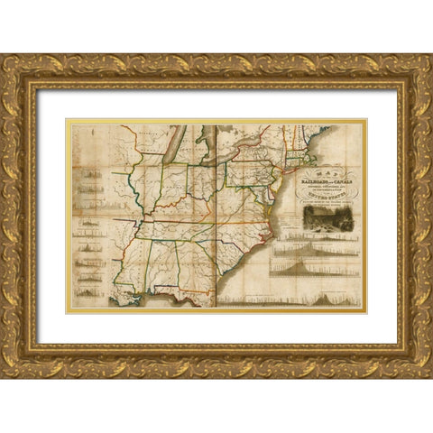 Railroads and canals finished unfinished and in contemplation in the United States 1834 Gold Ornate Wood Framed Art Print with Double Matting by Vintage Maps