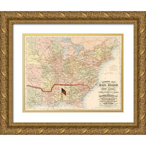 Railroads and water courses in the United Sates and Canada Gold Ornate Wood Framed Art Print with Double Matting by Vintage Maps