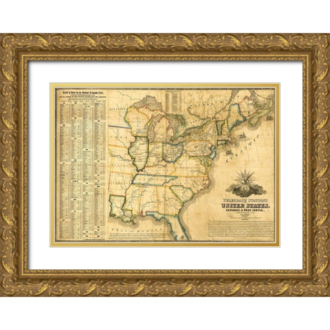 Telegraph stations in the United States Canada and Nova Scotia 1853 Gold Ornate Wood Framed Art Print with Double Matting by Vintage Maps