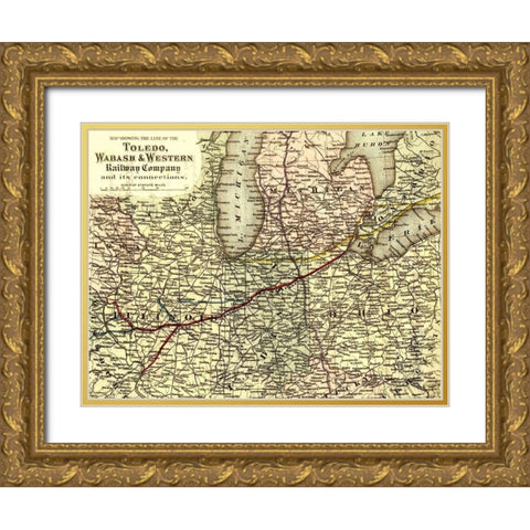 Toledo Wabash and Western Railway Company 1873 Gold Ornate Wood Framed Art Print with Double Matting by Vintage Maps