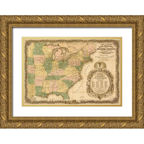 Railroad map of the United States 1858 Gold Ornate Wood Framed Art Print with Double Matting by Vintage Maps