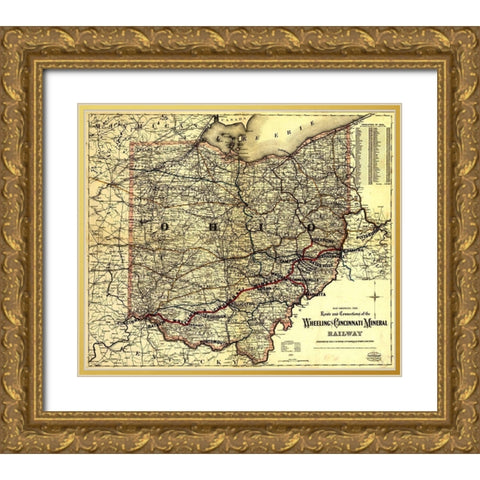 Wheeling and Cincinnati Mineral Railway 1882 Gold Ornate Wood Framed Art Print with Double Matting by Vintage Maps