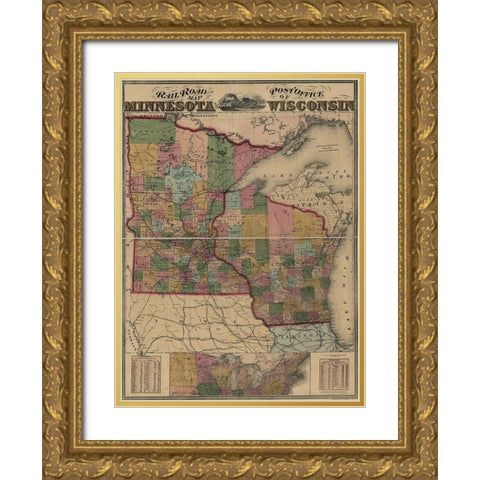 Railroad and post office map of Minnesota and Wisconsin 1871 Gold Ornate Wood Framed Art Print with Double Matting by Vintage Maps