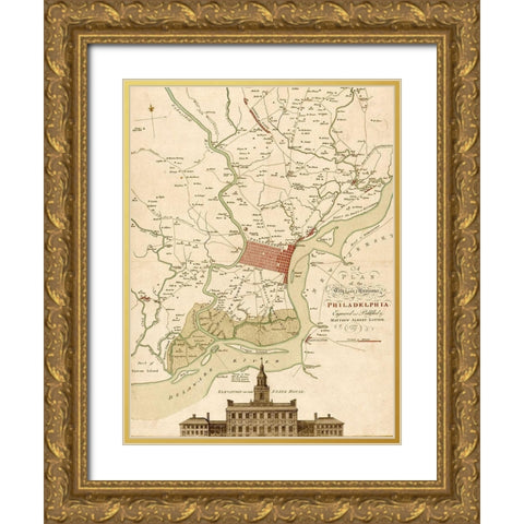 Plan of Philadelphia and its environs 1777 Gold Ornate Wood Framed Art Print with Double Matting by Vintage Maps
