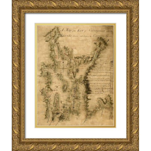 Narragansett Bay 1777 Gold Ornate Wood Framed Art Print with Double Matting by Vintage Maps
