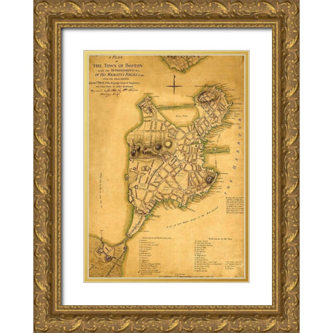 Plan of the town of Boston with British entrenchments 1775  Gold Ornate Wood Framed Art Print with Double Matting by Vintage Maps