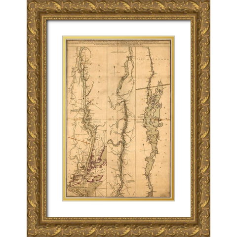 Topographical Map of the Hudson River 1776 Gold Ornate Wood Framed Art Print with Double Matting by Vintage Maps