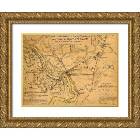 Operations of General Washington against the Kings troops in New Jersey 1777 Gold Ornate Wood Framed Art Print with Double Matting by Vintage Maps