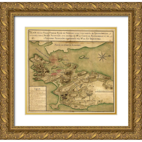 Newport fortifications fields of fire and positions of French naval vessels 1779  Gold Ornate Wood Framed Art Print with Double Matting by Vintage Maps