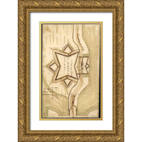Boston Defenses Star Redoubt 1779 Gold Ornate Wood Framed Art Print with Double Matting by Vintage Maps