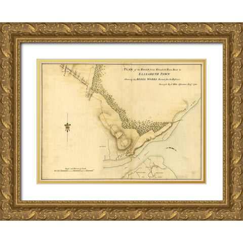 Elizabeth New Jersey 1780 Gold Ornate Wood Framed Art Print with Double Matting by Vintage Maps