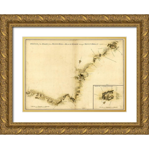 Haddonfield Mount Holly from Pennyhill to the Black Horse Pike 1778 Gold Ornate Wood Framed Art Print with Double Matting by Vintage Maps