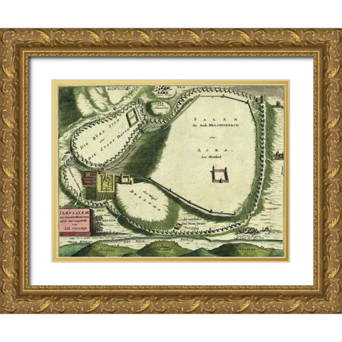 Antique Map of Jerusalem Gold Ornate Wood Framed Art Print with Double Matting by Vintage Maps