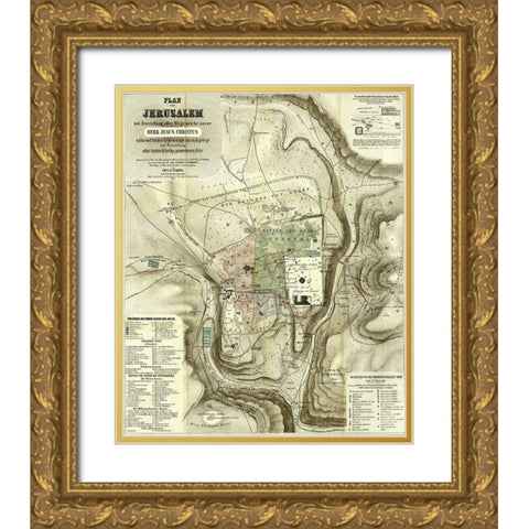 Antique Map of Jerusalem Gold Ornate Wood Framed Art Print with Double Matting by Vintage Maps