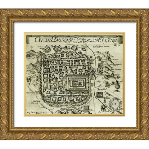 Modern Antique Map of Jerusalem Gold Ornate Wood Framed Art Print with Double Matting by Vintage Maps