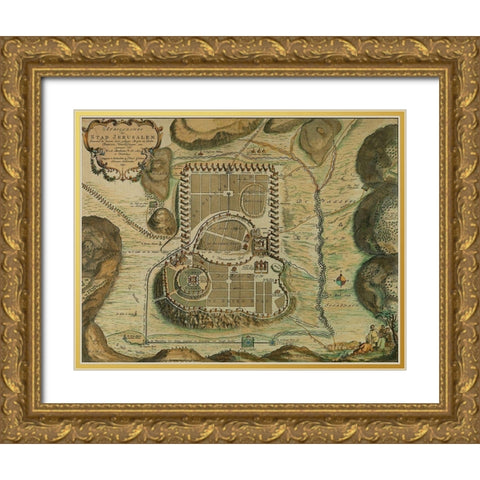 Antique Map of Jerusalem Gold Ornate Wood Framed Art Print with Double Matting by Vintage Maps