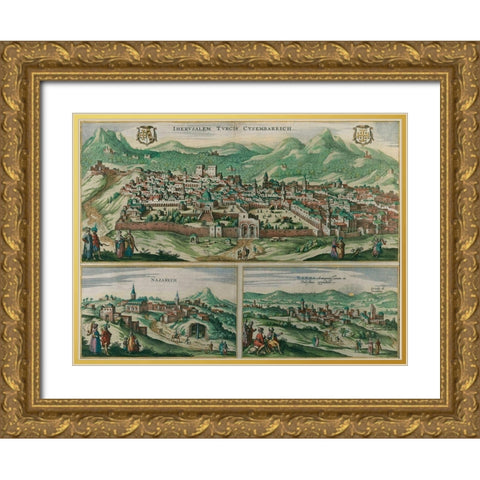 Antique Map of Jerusalem Gold Ornate Wood Framed Art Print with Double Matting by Vintage Maps