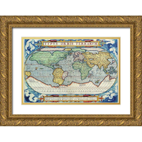 Typus Orbis Terrarum from the Theatre of the World in Apian Projection Gold Ornate Wood Framed Art Print with Double Matting by Ortelius, Abraham