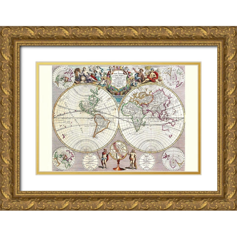 World Map with Figural Representations of the Worlds Peoples Gold Ornate Wood Framed Art Print with Double Matting by Seney, John