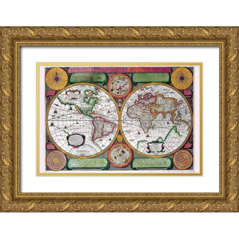 Stereographic World Map of the Eastern and Western Hemispheres Gold Ornate Wood Framed Art Print with Double Matting by Boisseau, Jean