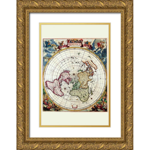 Polar Projection Map of the World Gold Ornate Wood Framed Art Print with Double Matting by Dankertz, Cornelis