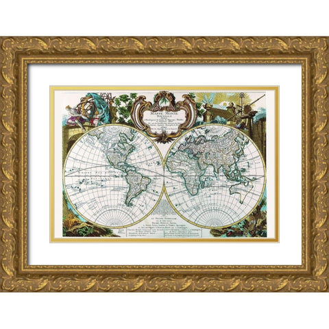 Mappe Monde Nouvelle Gold Ornate Wood Framed Art Print with Double Matting by Le Rouge, George Louis