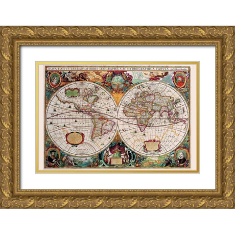 Stereographic Map of the World Gold Ornate Wood Framed Art Print with Double Matting by Hondius, Jodocus