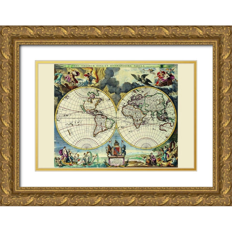 Stereographic Map of the World Gold Ornate Wood Framed Art Print with Double Matting by Pitt, Moses
