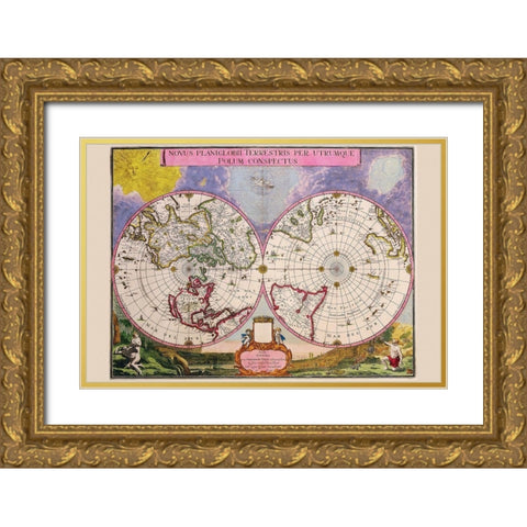 Novus Planiglobii Terrestris Per Utrumque Polum Conspectus Stereographic Map of the World Gold Ornate Wood Framed Art Print with Double Matting by Blaeu, Joan