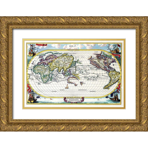 Navigationes Precipae Europorum ad Exteras Nationes Navigational Map of the World Gold Ornate Wood Framed Art Print with Double Matting by Scherer, Heinrich