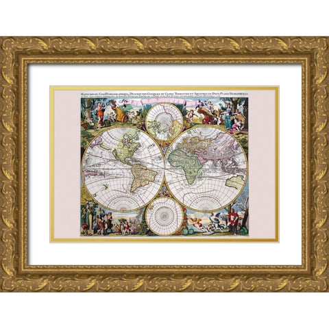 Stereographic Map of the World with Classical Illustration Gold Ornate Wood Framed Art Print with Double Matting by Valk, Gerard