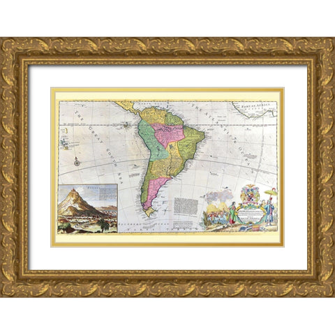 Antique Map of South America Gold Ornate Wood Framed Art Print with Double Matting by Moll, Hermann