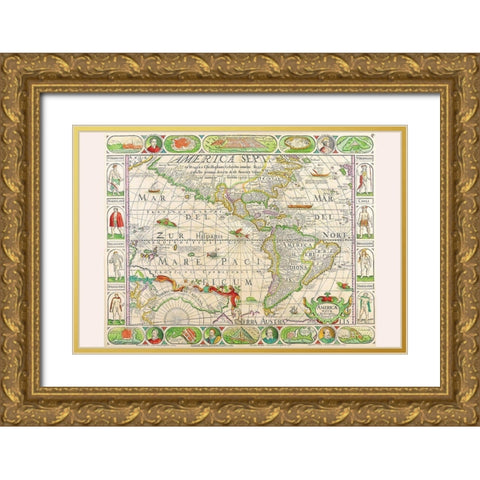 The Americas at the Time of Columbus Printed in 1658 Gold Ornate Wood Framed Art Print with Double Matting by Visscher, Nicolas