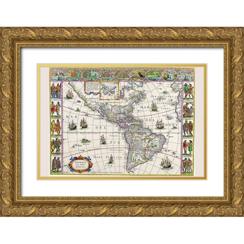 New Map of the Americas Gold Ornate Wood Framed Art Print with Double Matting by Blaeu, Willem