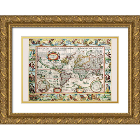 Map of the Americas Gold Ornate Wood Framed Art Print with Double Matting by Van der Keere, Peter